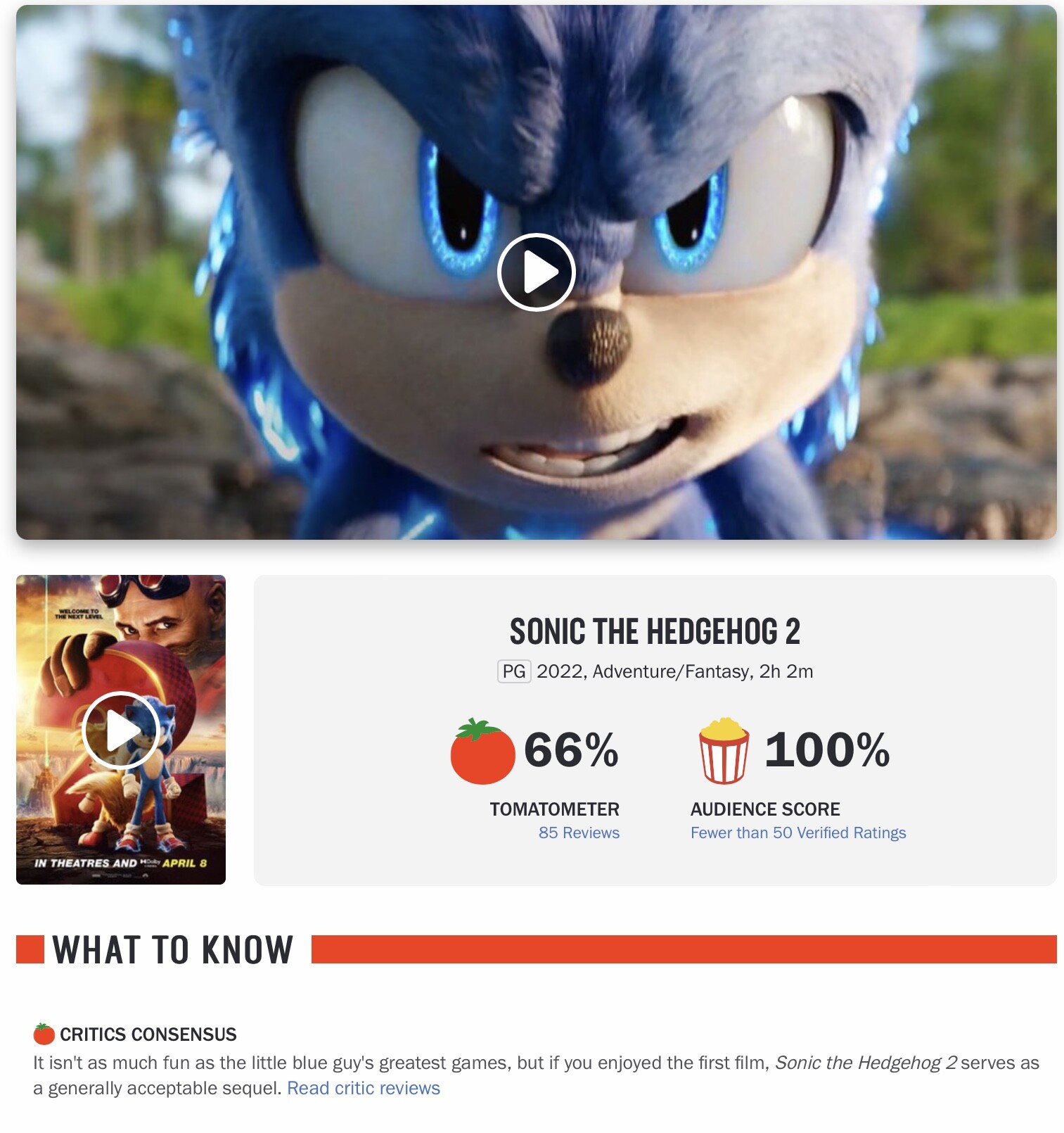 Sonic Movie's Rotten Tomatoes Score Compared to Other Video Game