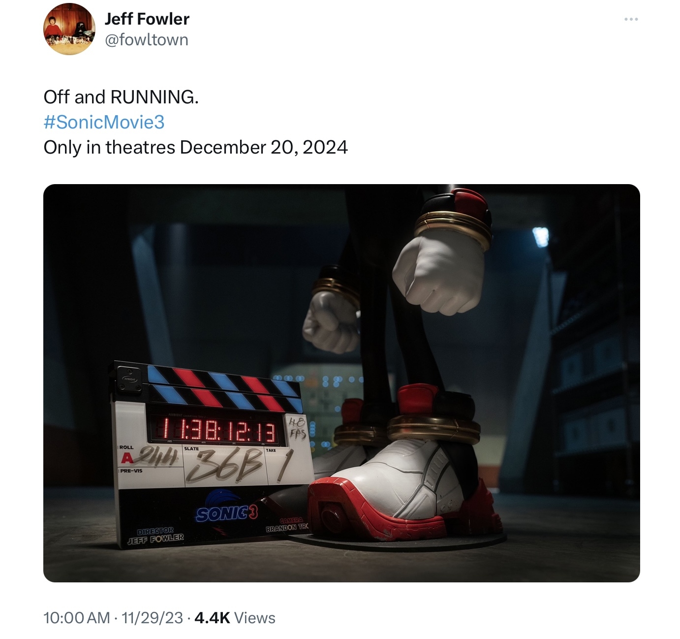 Jeffrey Fowler Confirms Sonic 3 Movie Has Begun Filming With Actors With  Shadow Tease - Media - Sonic Stadium